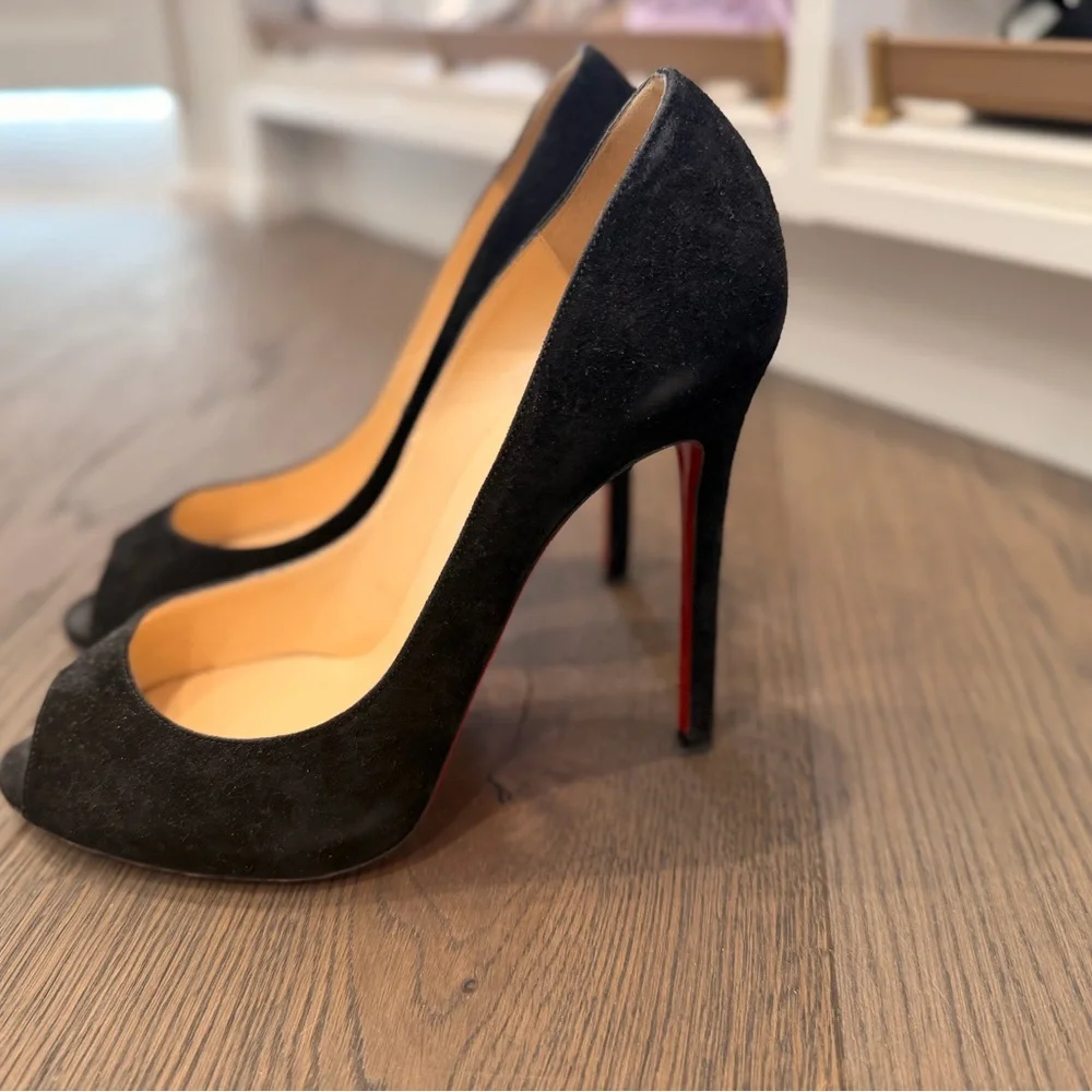 Christian Louboutin Black Suede Peep Toe Heels - Picture 2 of 4